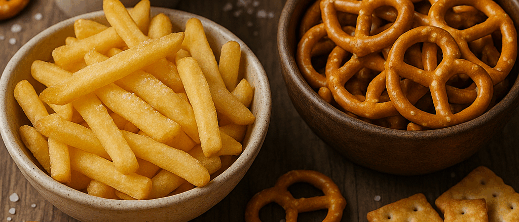 Verschiedene salzige Snacks wie Pommes, Salzstangen, Brezeln, Cracker und Chips in Schälchen auf einem Holztisch arrangiert