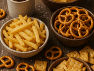 Verschiedene salzige Snacks wie Pommes, Salzstangen, Brezeln, Cracker und Chips in Schälchen auf einem Holztisch arrangiert