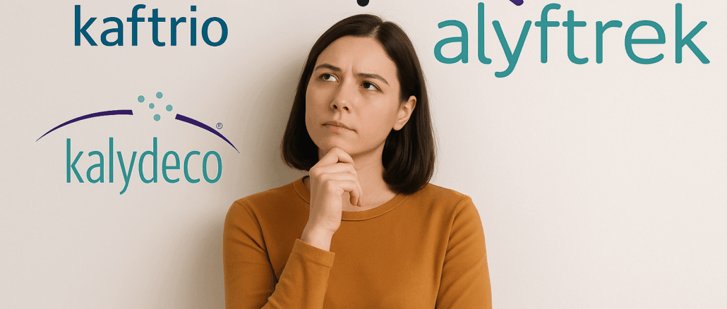 Nachdenkliche Frau zwischen den Logos von Kaftrio, Kalydeco und Alyftrek