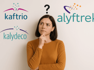 Nachdenkliche Frau zwischen den Logos von Kaftrio, Kalydeco und Alyftrek