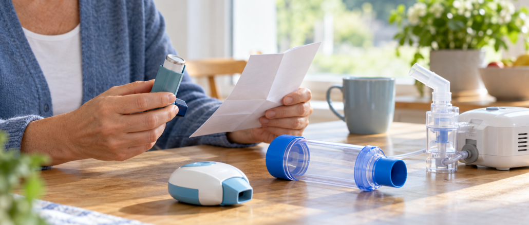 Person liest die Anleitung eines Inhalators; weitere Inhalationsgeräte liegen auf dem Tisch.