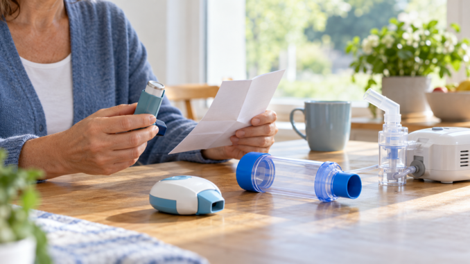 Person liest die Anleitung eines Inhalators; weitere Inhalationsgeräte liegen auf dem Tisch.
